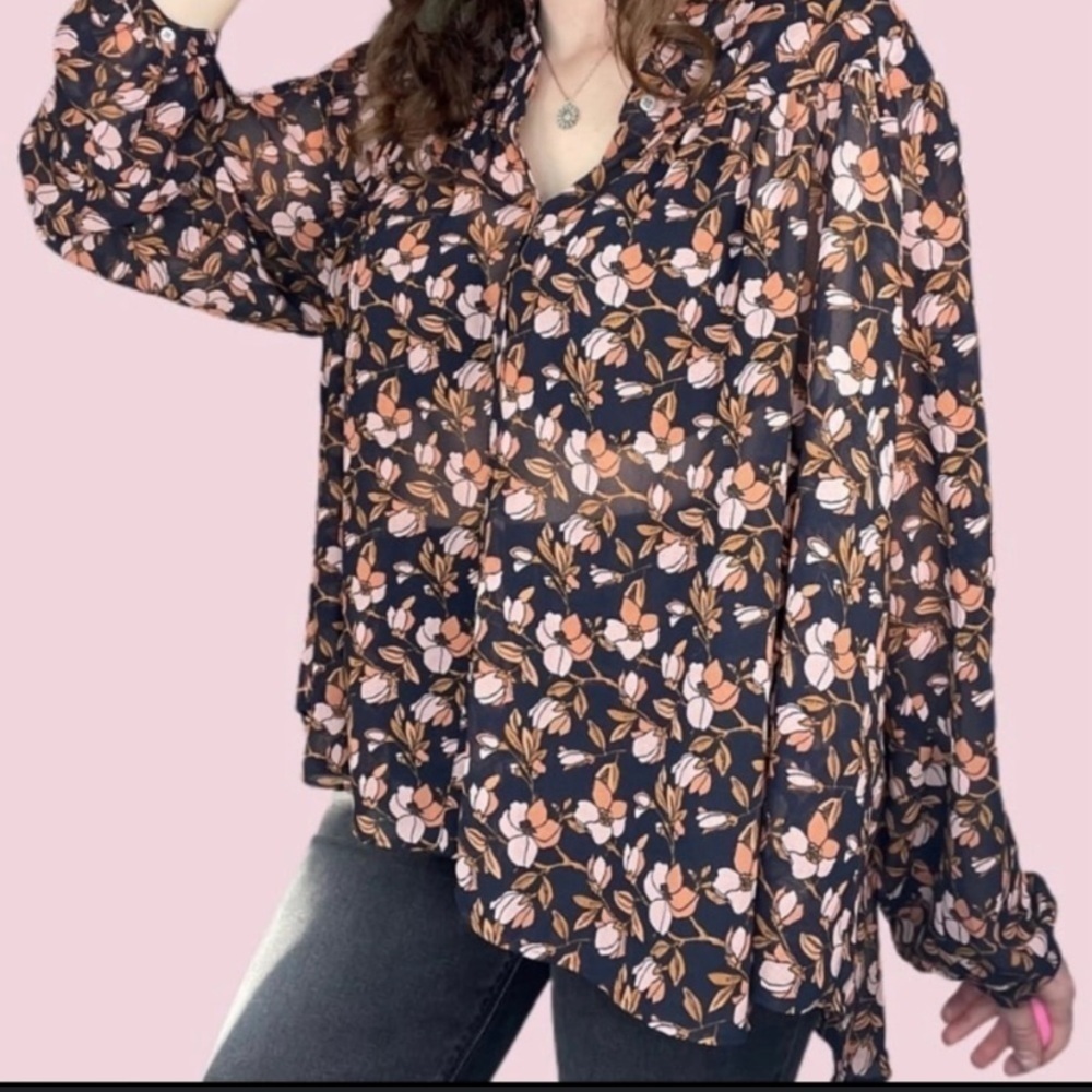 Loft Dark Floral Sheer Button High Low Blouse